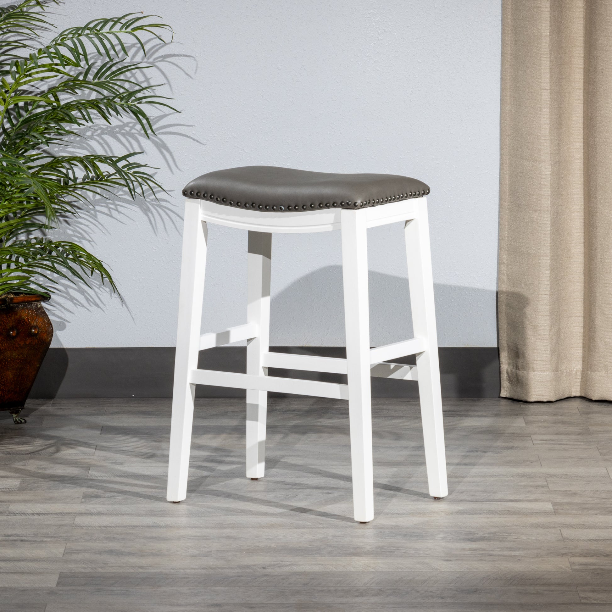 Saddle Stool, 29" Barstool, White Dark Gray Pu, Set Of 2 White Wood