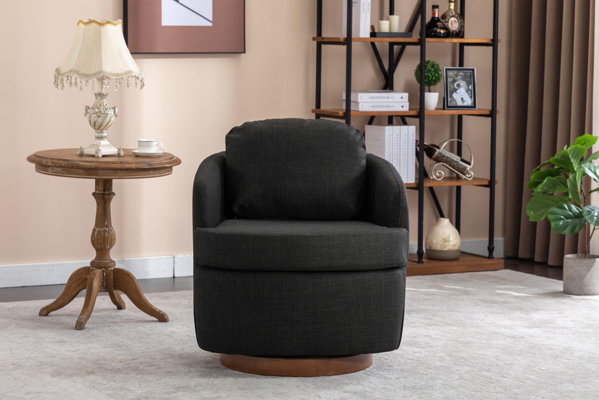 035 Linen Fabric Swivel Accent Chair With Soild Wood Round Brown Base Leg,Dark Gray Dark Gray Brown Primary Living Space Modern Eucalyptus Foam Linen