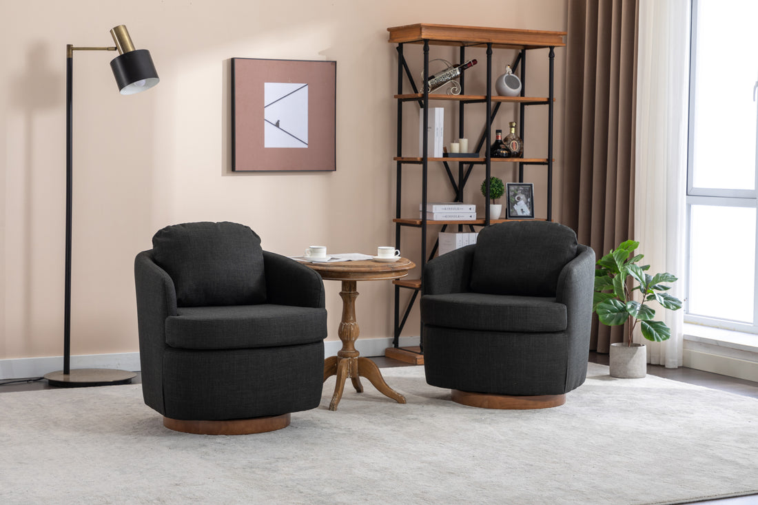 035 Linen Fabric Swivel Accent Chair With Soild Wood Round Brown Base Leg,Dark Gray Dark Gray Brown Primary Living Space Modern Eucalyptus Foam Linen