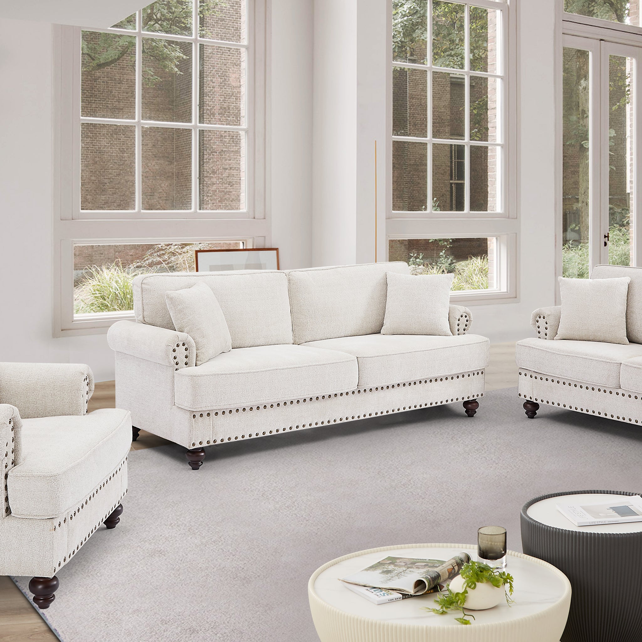 Living Room Furniture, Modern 3 Piece Including Three Seater, Loveseat And Single Chair,Chenille Modern Upholstered Sofa Set, White White Brown Chenille Wood Primary Living Space Medium Soft Cushion Back American Design Birch Armless Polyester Chenille 3