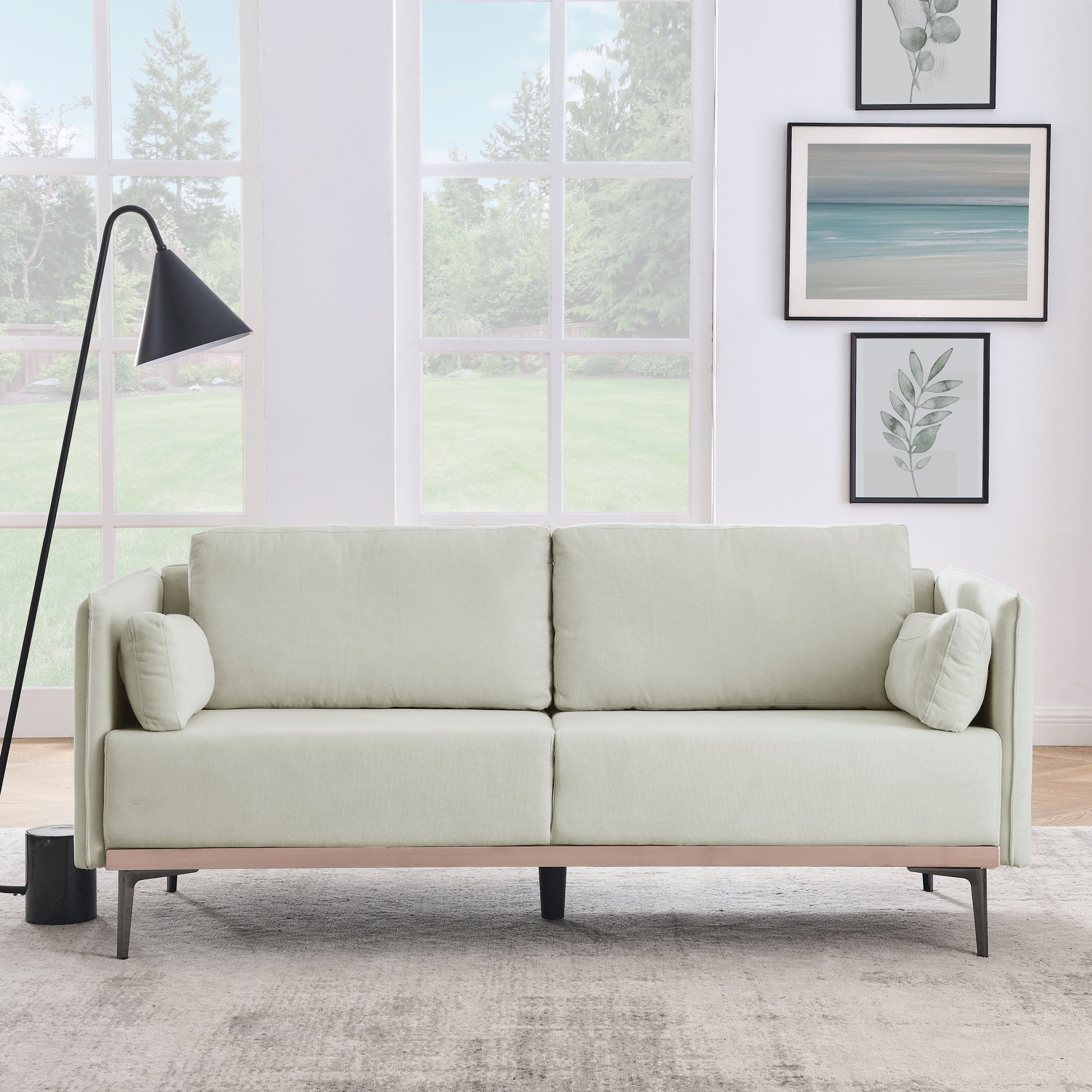 Modern Sofa 3 Seat Couch With Stainless Steel Trim And Metal Legs For Living Room, Linen Beige Beige Foam