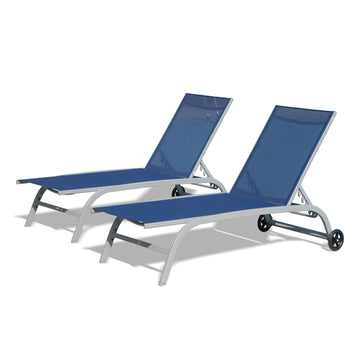 Chaise Lounge Outdoor Set Of 2, Lounge Chairs For Outside With Wheels, Outdoor Lounge Chairs With 5 Adjustable Position, Pool Lounge Chairs For Patio, Beach, Yard, Deck, Poolside Blue, 2 Lounge Chair Blue Aluminium