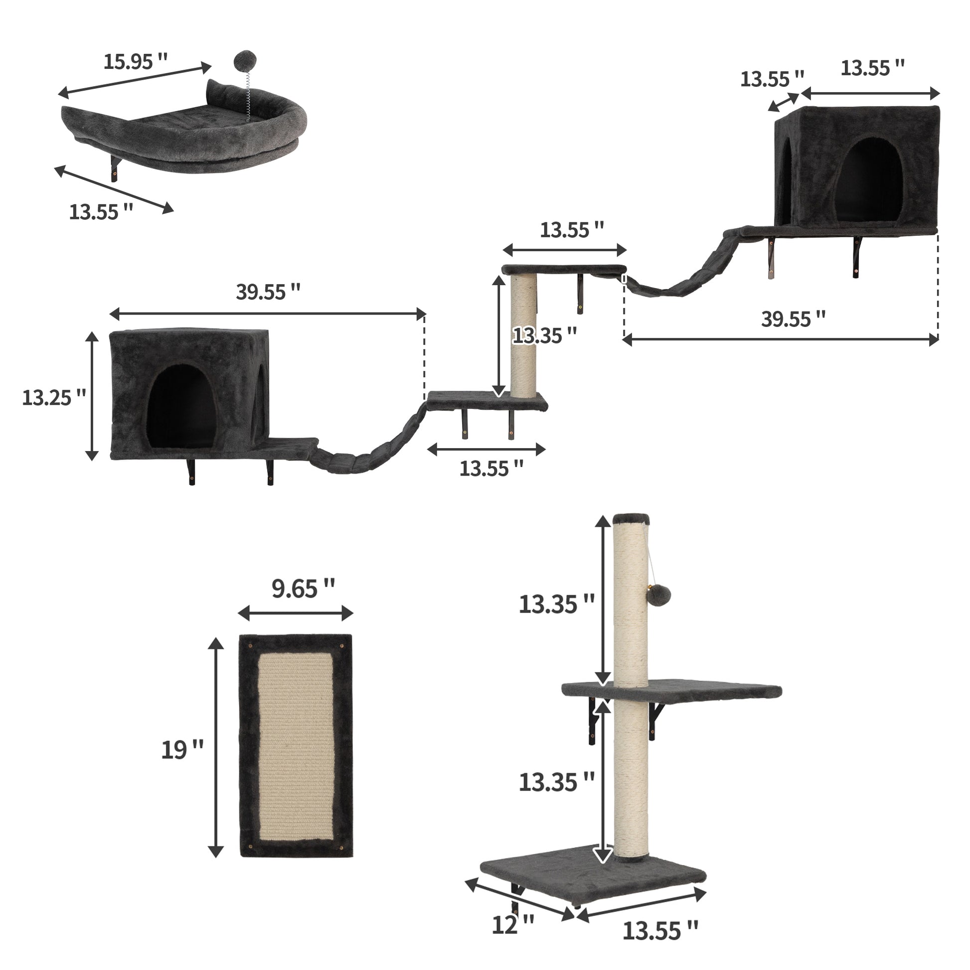 Wall Mounted Cat Tree, Cat Furniture With 2 Cat Condos House, 3 Cat Wall Shelves, 2 Ladder, 1 Cat Perch, Sisal Cat Scratching Posts And Pad Dark Grey Particle Board