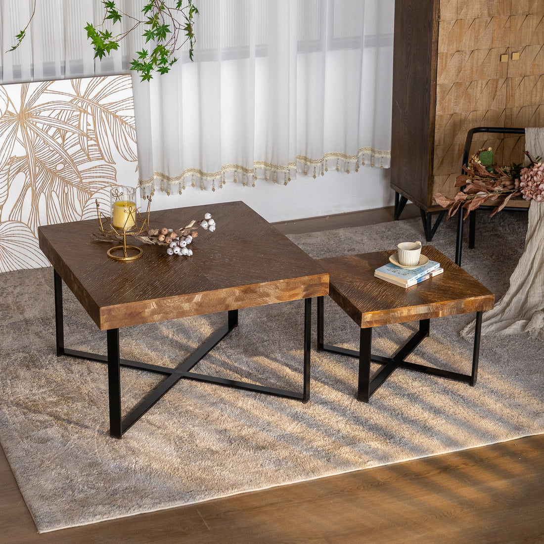 31.3"Modern Retro Splicing Square Coffee Tablefir Wood Table Top With Cross Legs Metal Base Set Of 2 Pcs Natural Mdf Steel