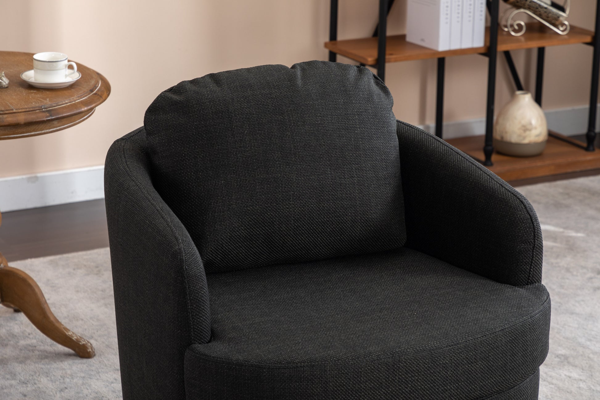 035 Linen Fabric Swivel Accent Chair With Soild Wood Round Brown Base Leg,Dark Gray Dark Gray Brown Primary Living Space Modern Eucalyptus Foam Linen