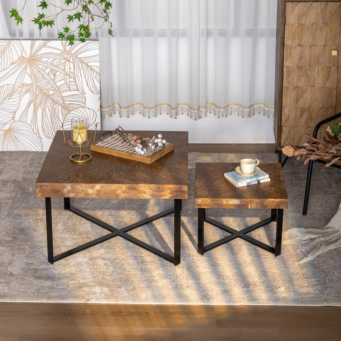 31.3"Modern Retro Splicing Square Coffee Tablefir Wood Table Top With Cross Legs Metal Base Set Of 2 Pcs Natural Mdf Steel