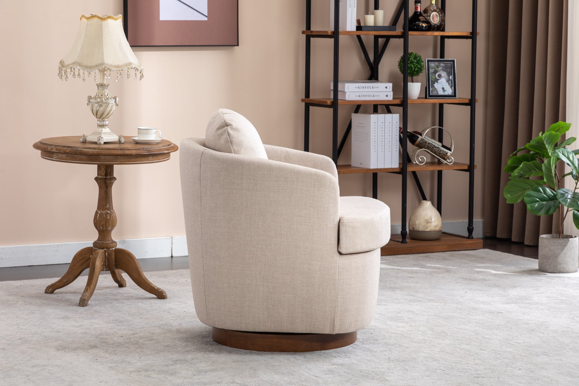 035 Linen Fabric Swivel Accent Chair With Soild Wood Round Brown Base Leg,Beige Beige Brown Primary Living Space Modern Eucalyptus Foam Linen