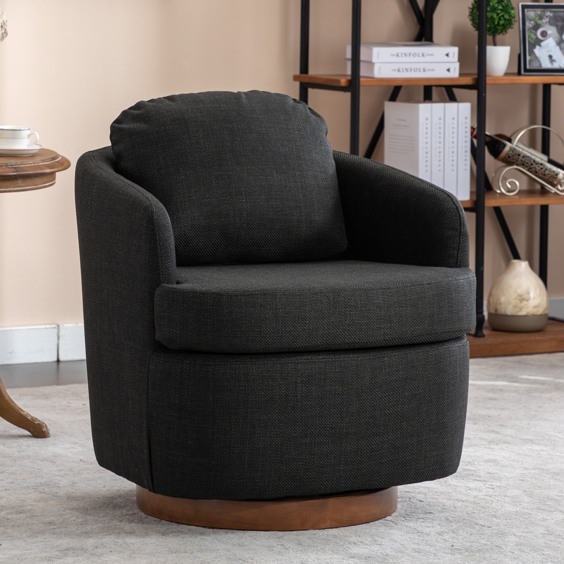 035 Linen Fabric Swivel Accent Chair With Soild Wood Round Brown Base Leg,Dark Gray Dark Gray Brown Primary Living Space Modern Eucalyptus Foam Linen