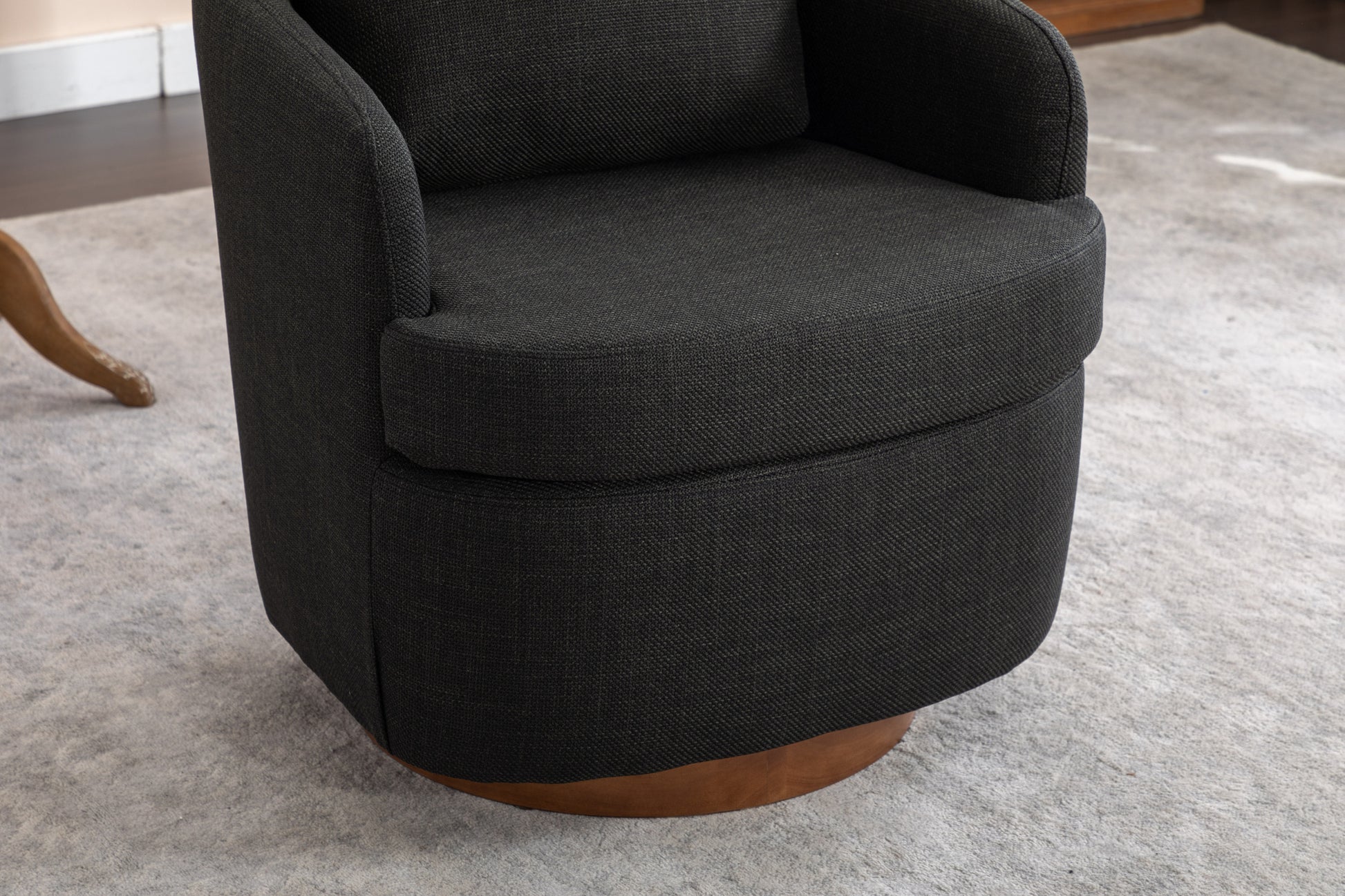 035 Linen Fabric Swivel Accent Chair With Soild Wood Round Brown Base Leg,Dark Gray Dark Gray Brown Primary Living Space Modern Eucalyptus Foam Linen