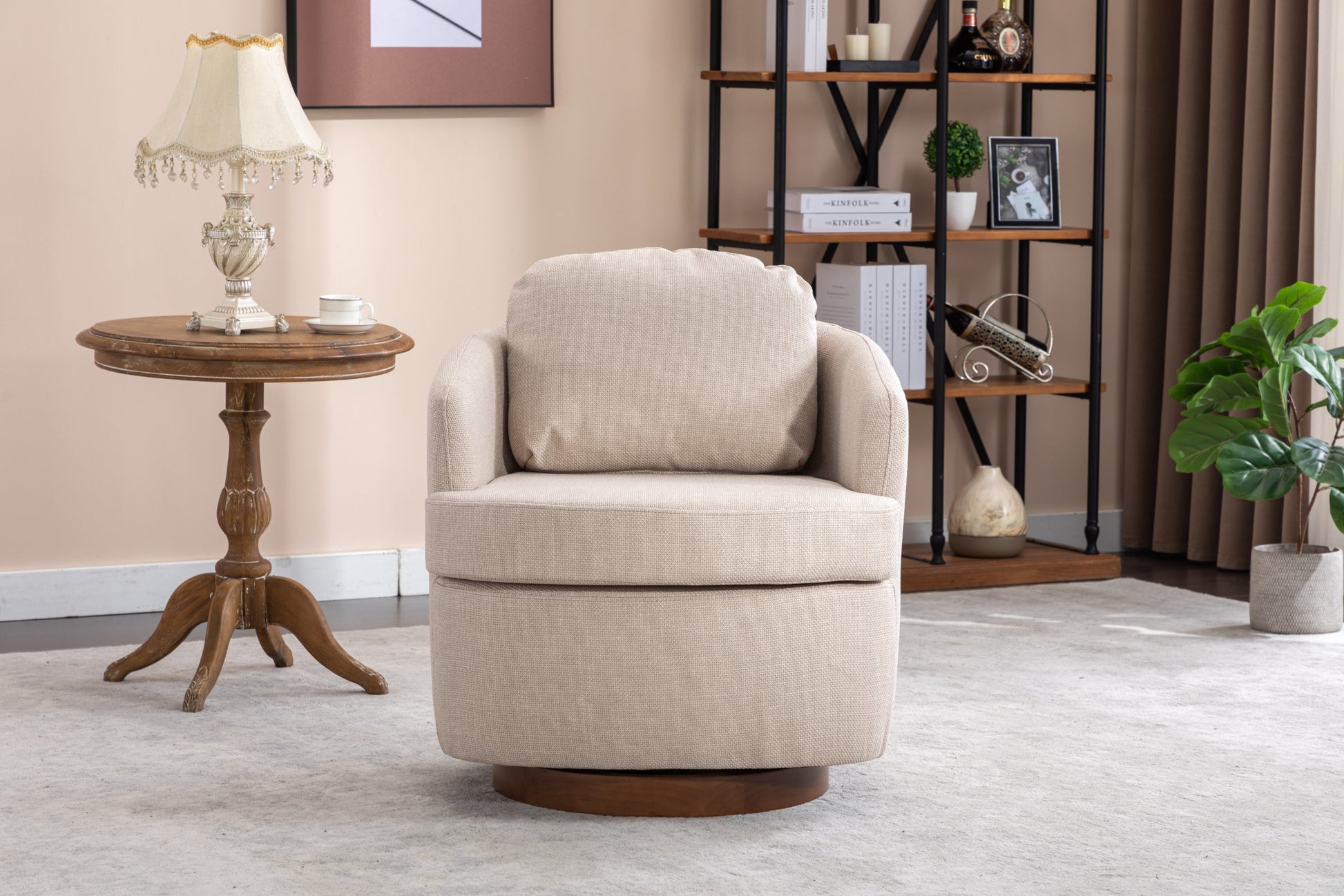 035 Linen Fabric Swivel Accent Chair With Soild Wood Round Brown Base Leg,Beige Beige Brown Primary Living Space Modern Eucalyptus Foam Linen