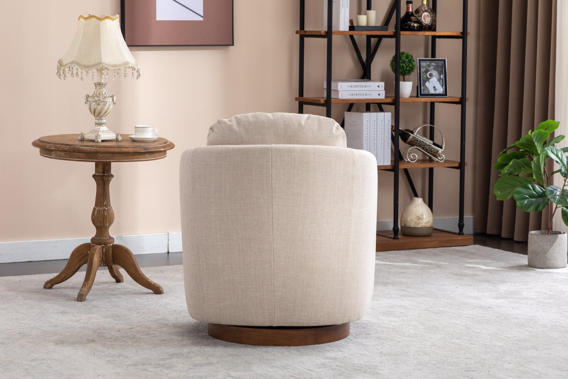 035 Linen Fabric Swivel Accent Chair With Soild Wood Round Brown Base Leg,Beige Beige Brown Primary Living Space Modern Eucalyptus Foam Linen