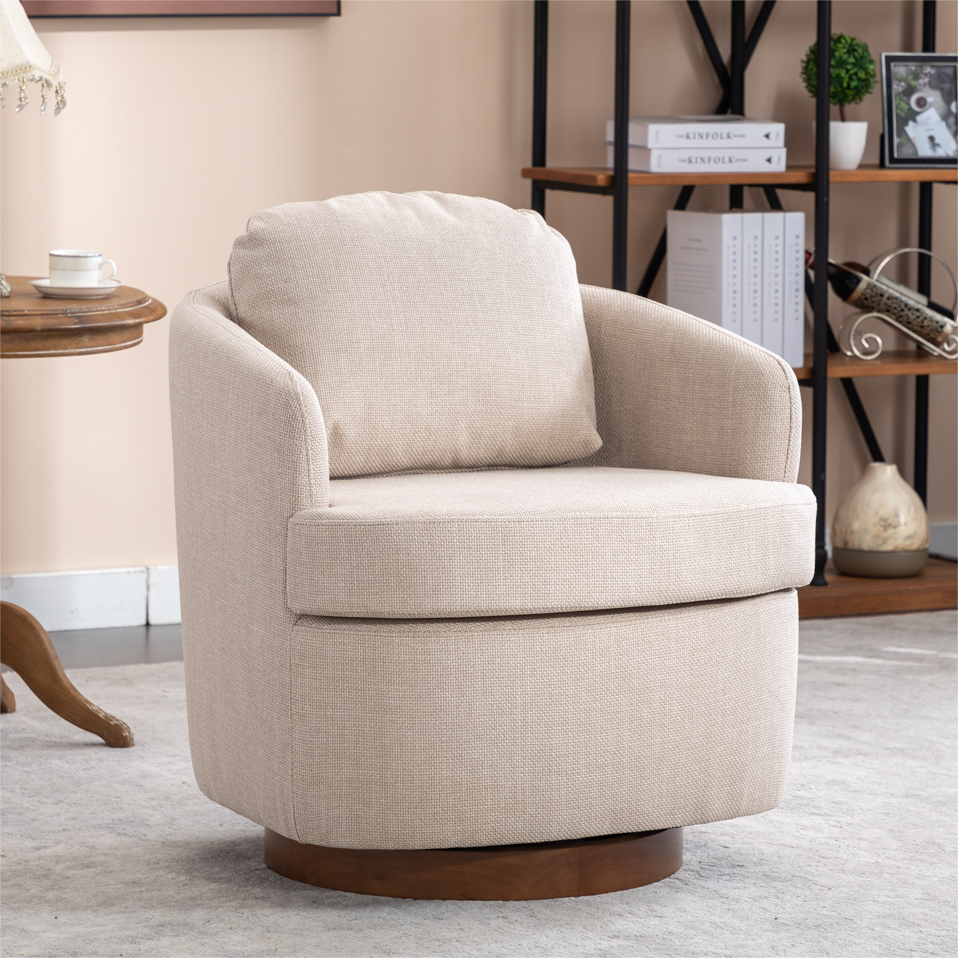 035 Linen Fabric Swivel Accent Chair With Soild Wood Round Brown Base Leg,Beige Beige Brown Primary Living Space Modern Eucalyptus Foam Linen