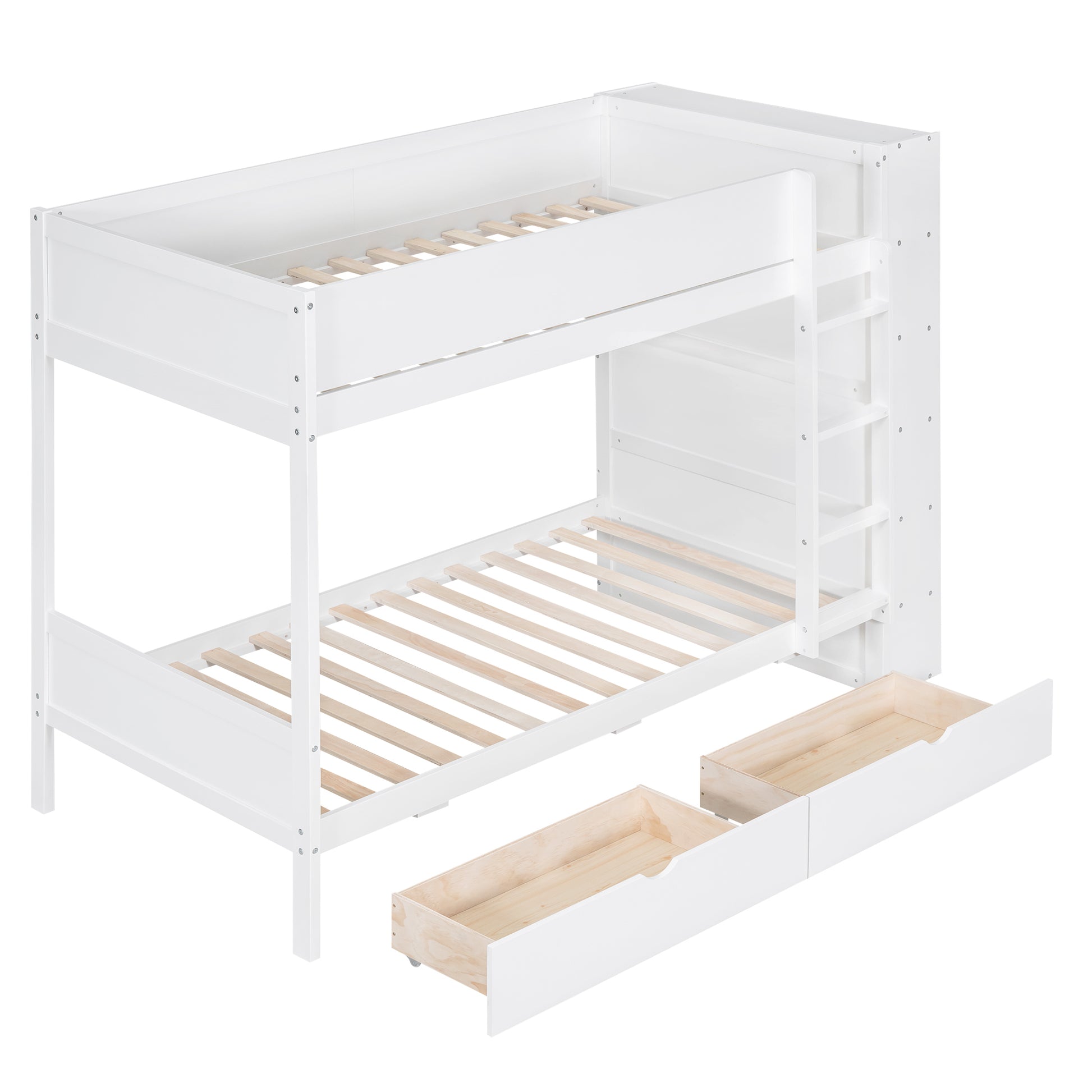 Twin Over Twin Bunk Bed With 2 Drawers And Multi Layer Cabinet, White White Solid Wood Mdf