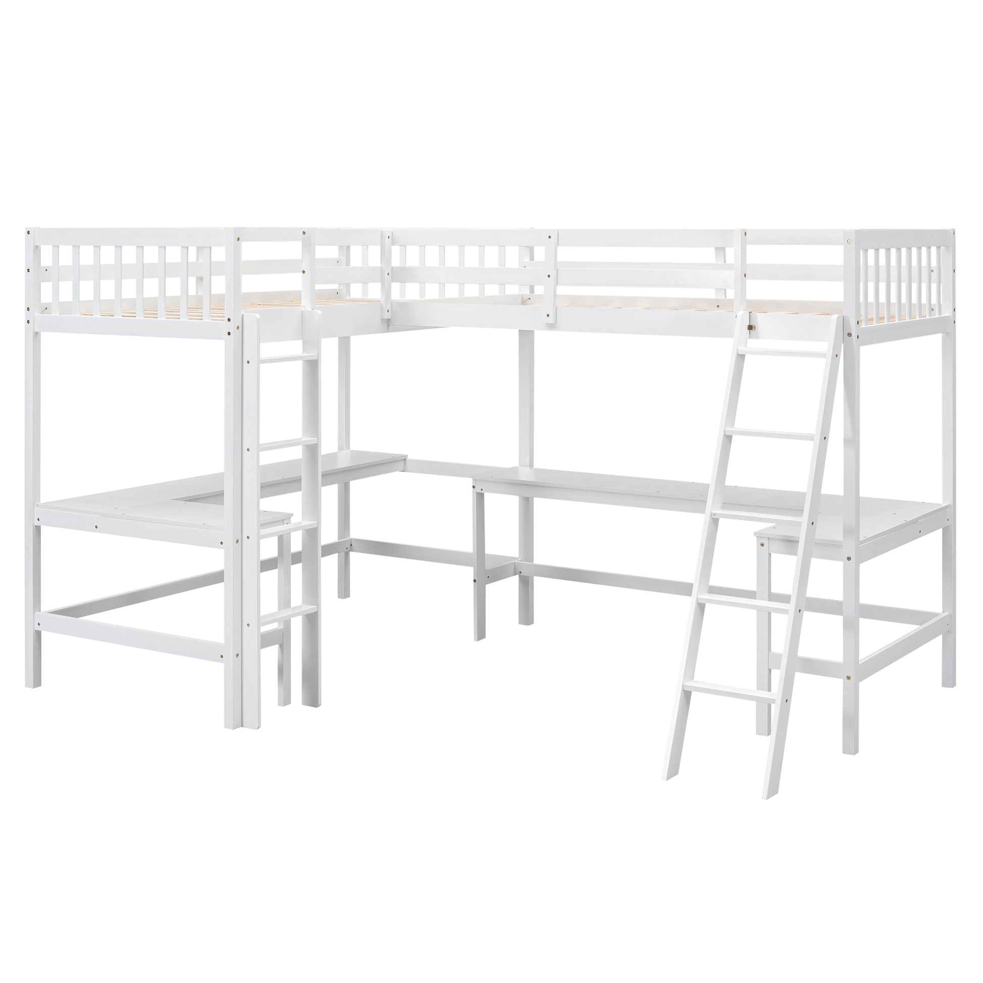 Wood Twin Size L Shaped Loft Bed With Ladder And 2 Built In L Shaped Desks, White Box Spring Not Required Twin White Wood Bedroom Solid Wood Mdf