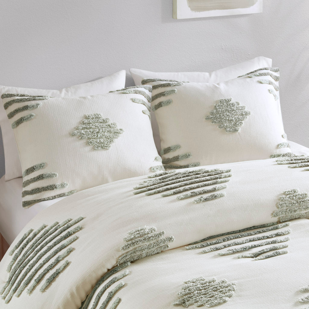 3 Piece Cotton Blend Chenille Duvet Cover Set Green Ivory Cotton