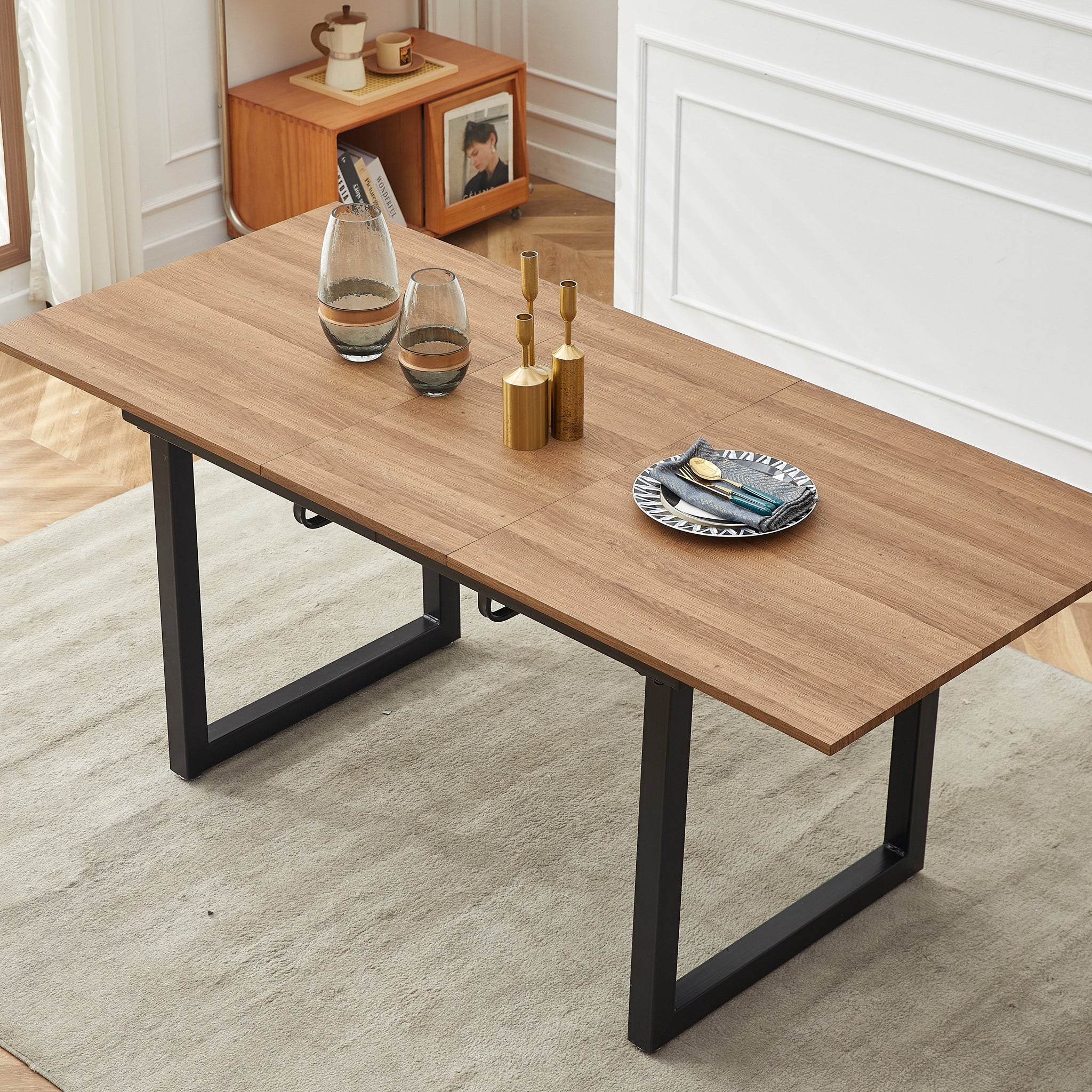 Square Extendable Dining Table With Metal Leg,Modern Space Saving Kitchen Table For Living Room 70.86" W X 31.5" D X 29.5" H Black Mdf Metal