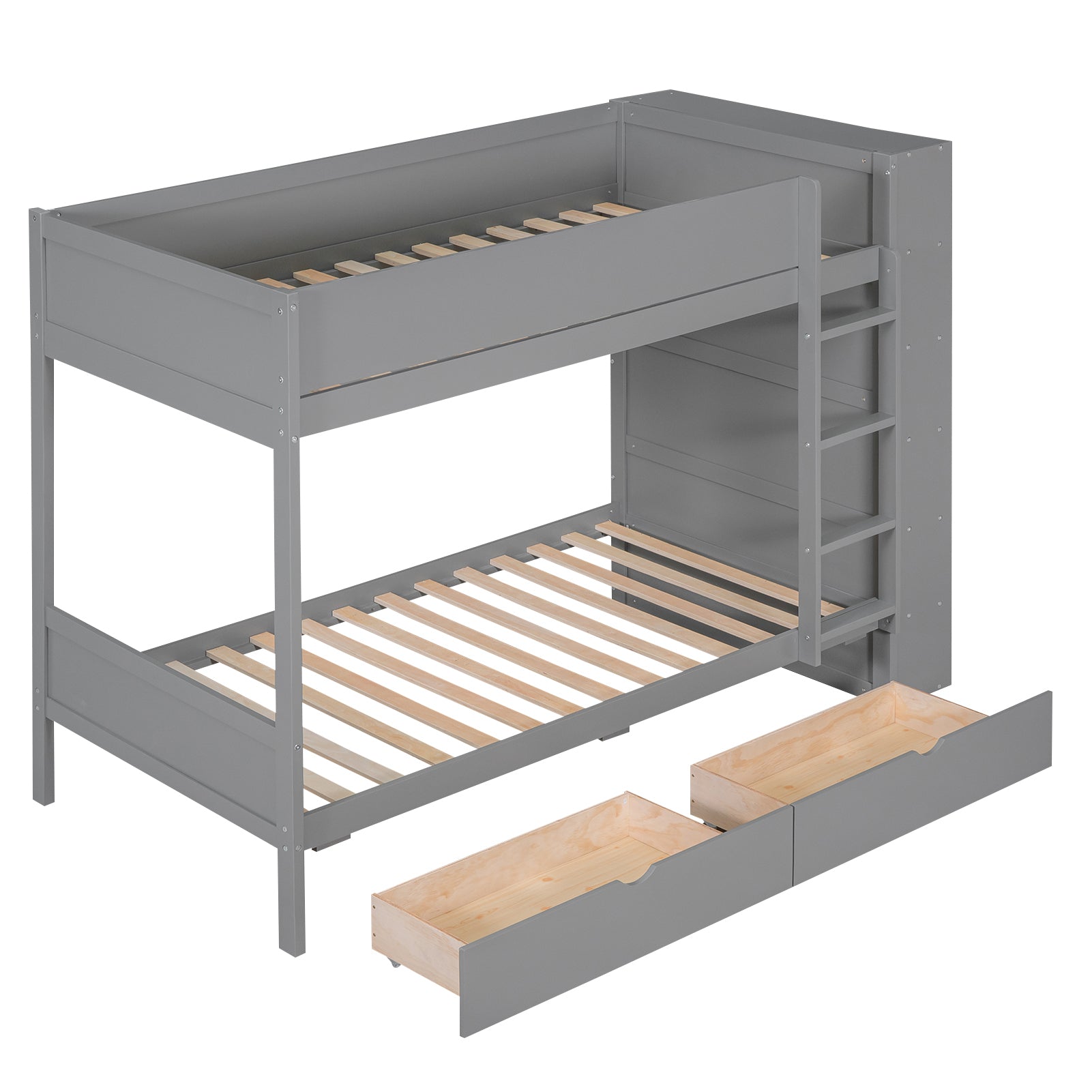 Twin Over Twin Bunk Bed With 2 Drawers And Multi Layer Cabinet, Gray Gray Solid Wood Mdf