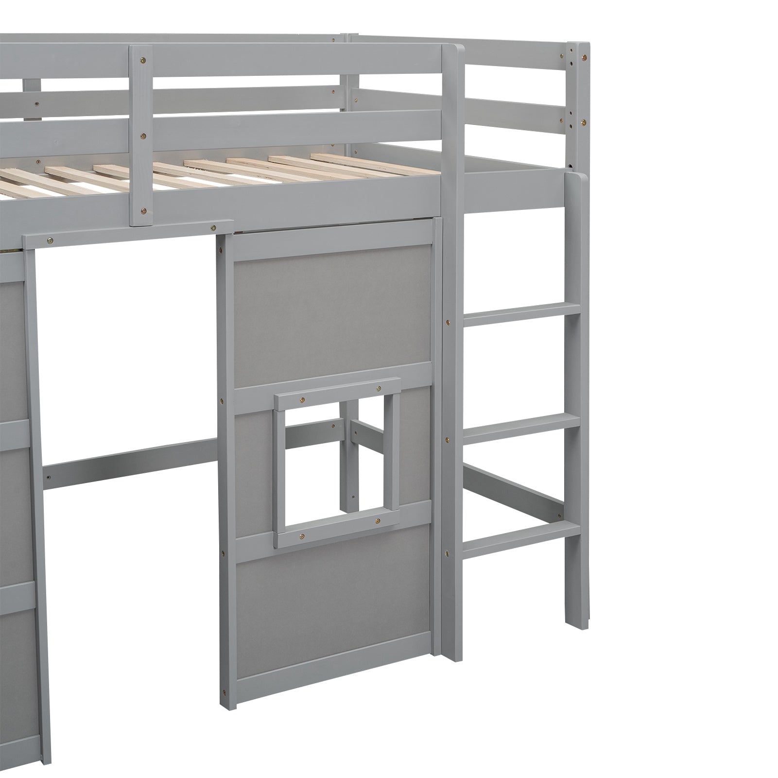 Wood Twin Size Loft Bed With Built In Storage Wardrobe And 2 Windows, Gray Box Spring Not Required Twin Gray Wood Bedroom Wood