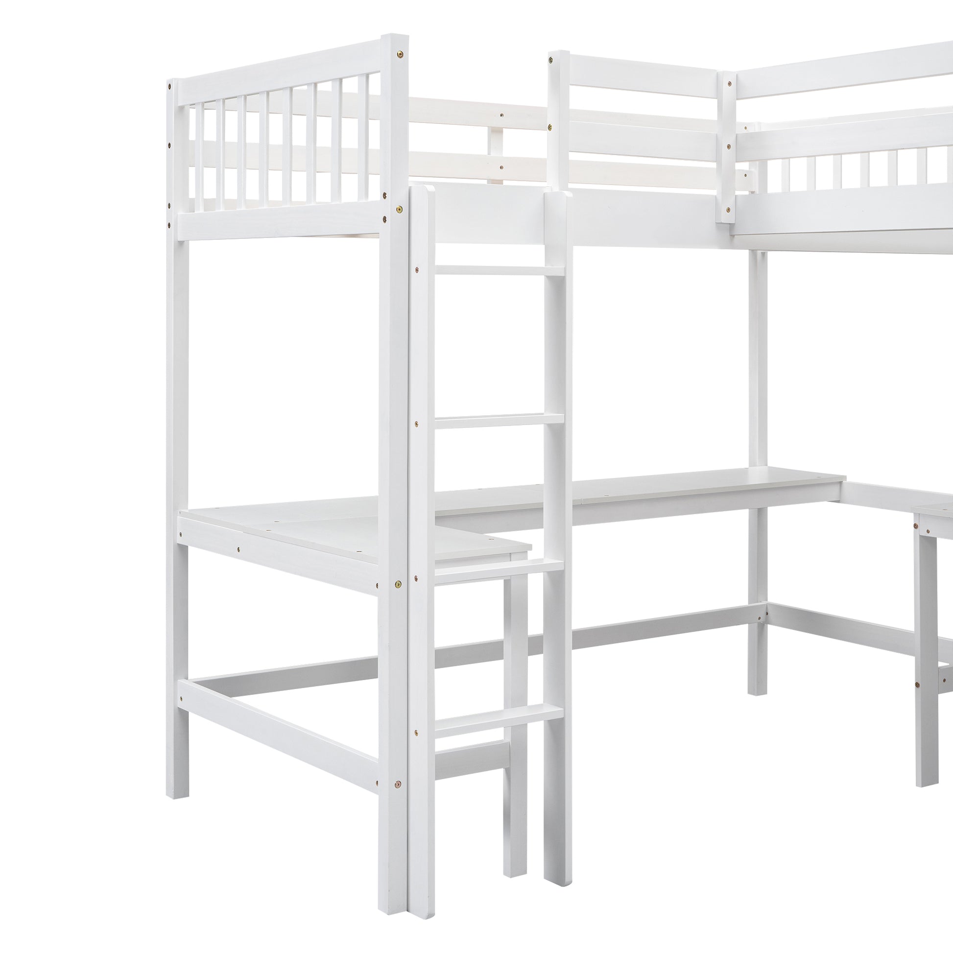 Wood Twin Size L Shaped Loft Bed With Ladder And 2 Built In L Shaped Desks, White Box Spring Not Required Twin White Wood Bedroom Solid Wood Mdf