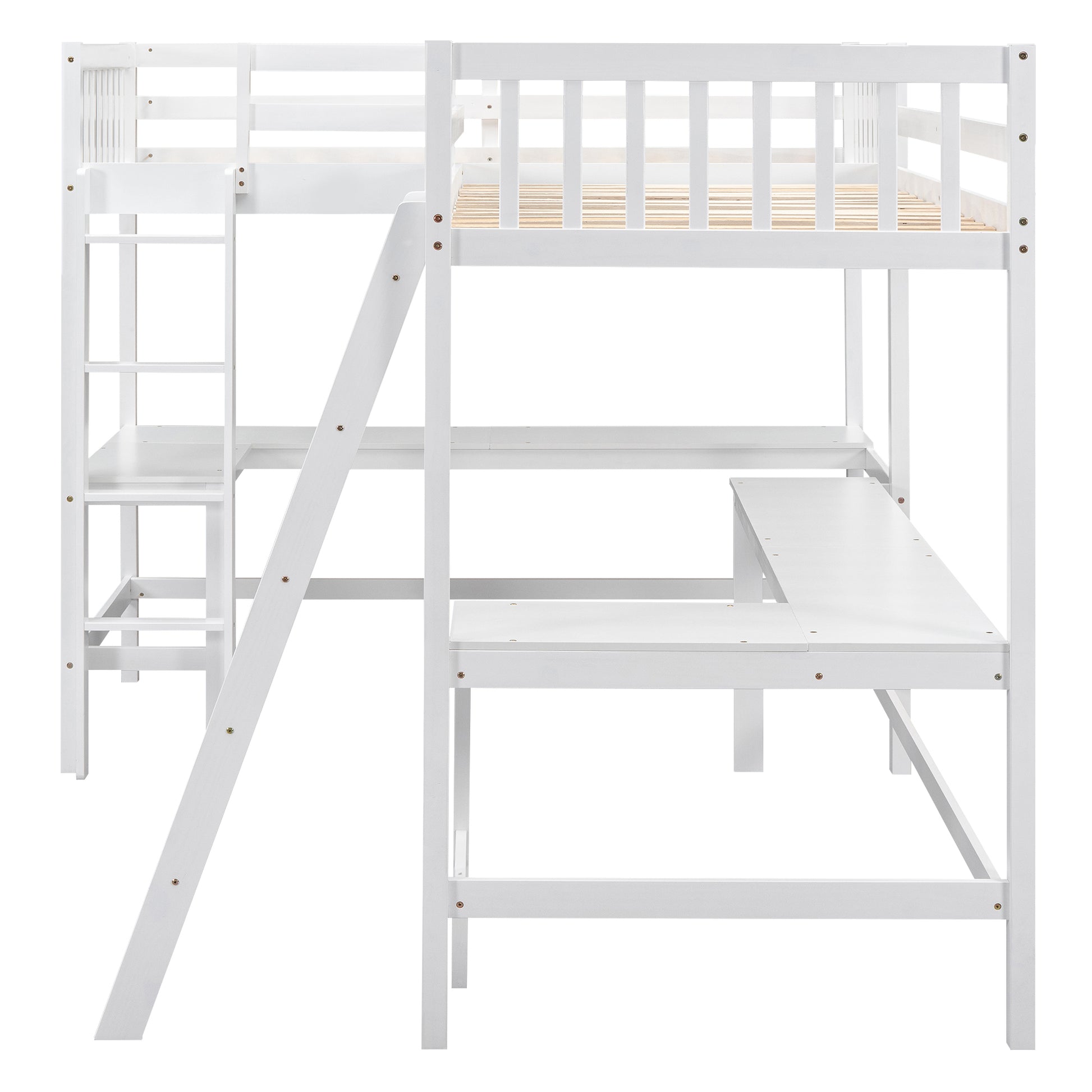 Wood Twin Size L Shaped Loft Bed With Ladder And 2 Built In L Shaped Desks, White Box Spring Not Required Twin White Wood Bedroom Solid Wood Mdf