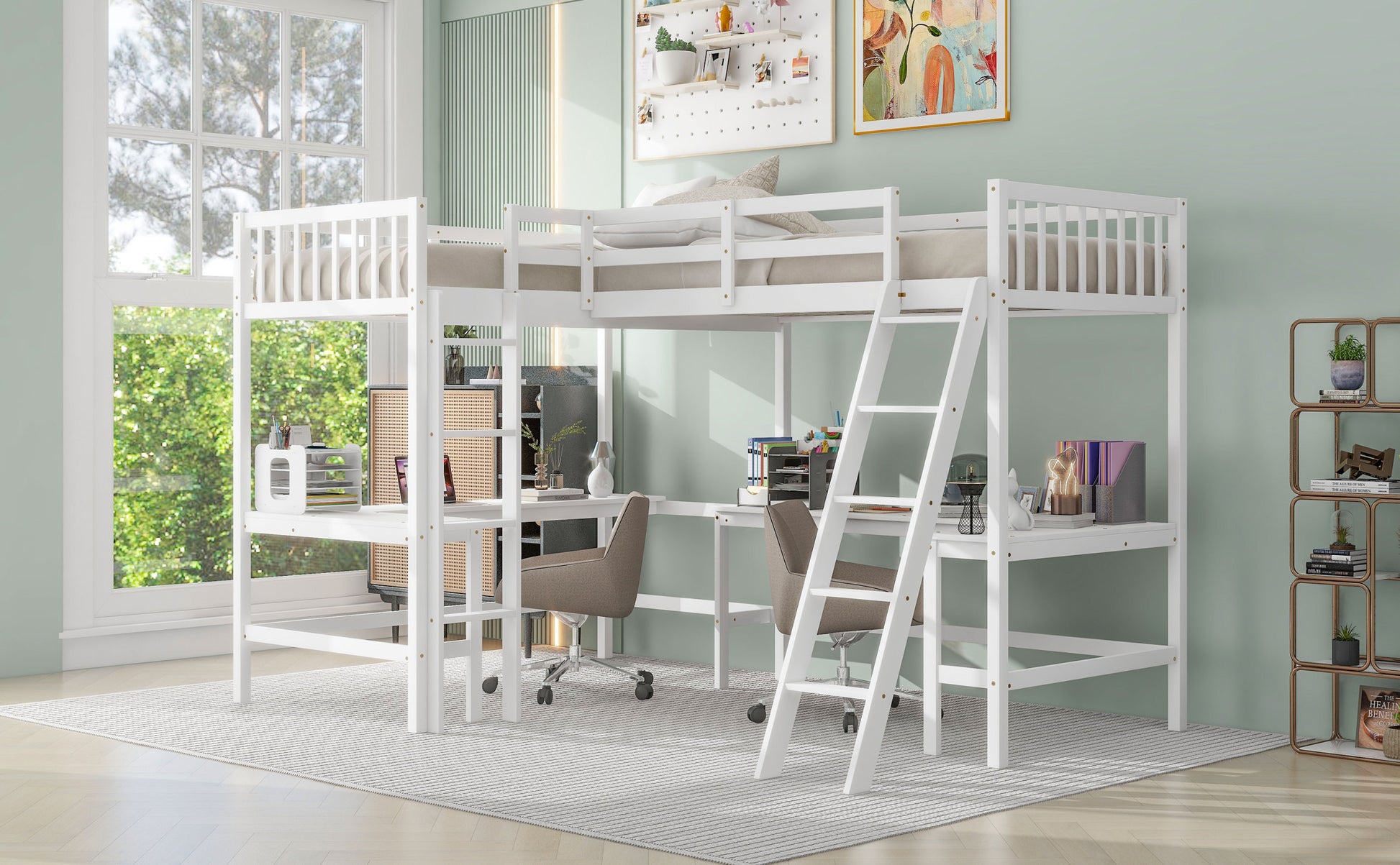 Wood Twin Size L Shaped Loft Bed With Ladder And 2 Built In L Shaped Desks, White Box Spring Not Required Twin White Wood Bedroom Solid Wood Mdf