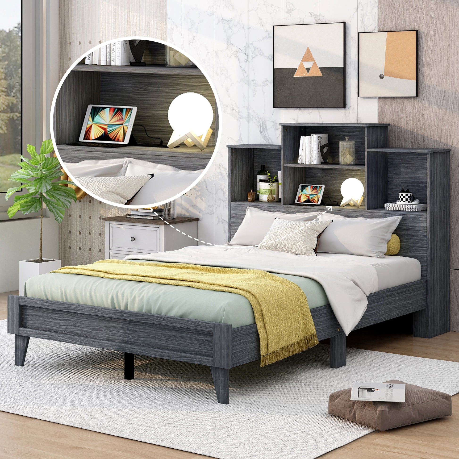 Full Size Storage Platform Bed Frame With 4 Open Storage Shelves And Usb Charging Design,Gray Full Gray Solid Wood Mdf