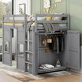 Wood Twin Size Loft Bed With Built In Storage Wardrobe And 2 Windows, Gray Box Spring Not Required Twin Gray Wood Bedroom Wood