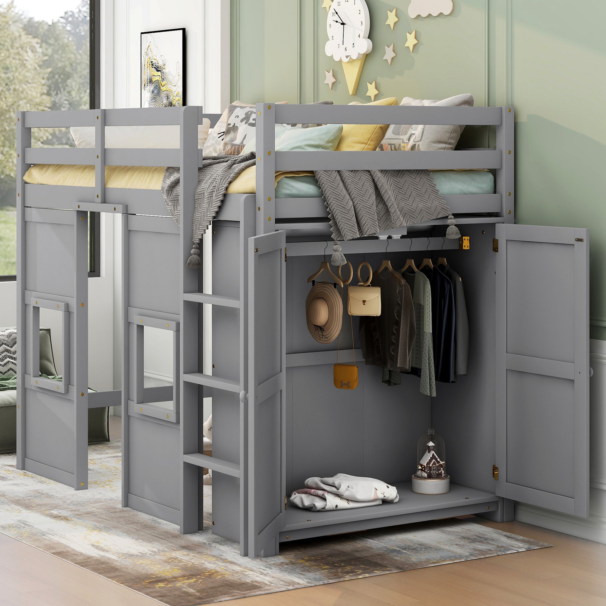 Wood Twin Size Loft Bed With Built In Storage Wardrobe And 2 Windows, Gray Box Spring Not Required Twin Gray Wood Bedroom Wood