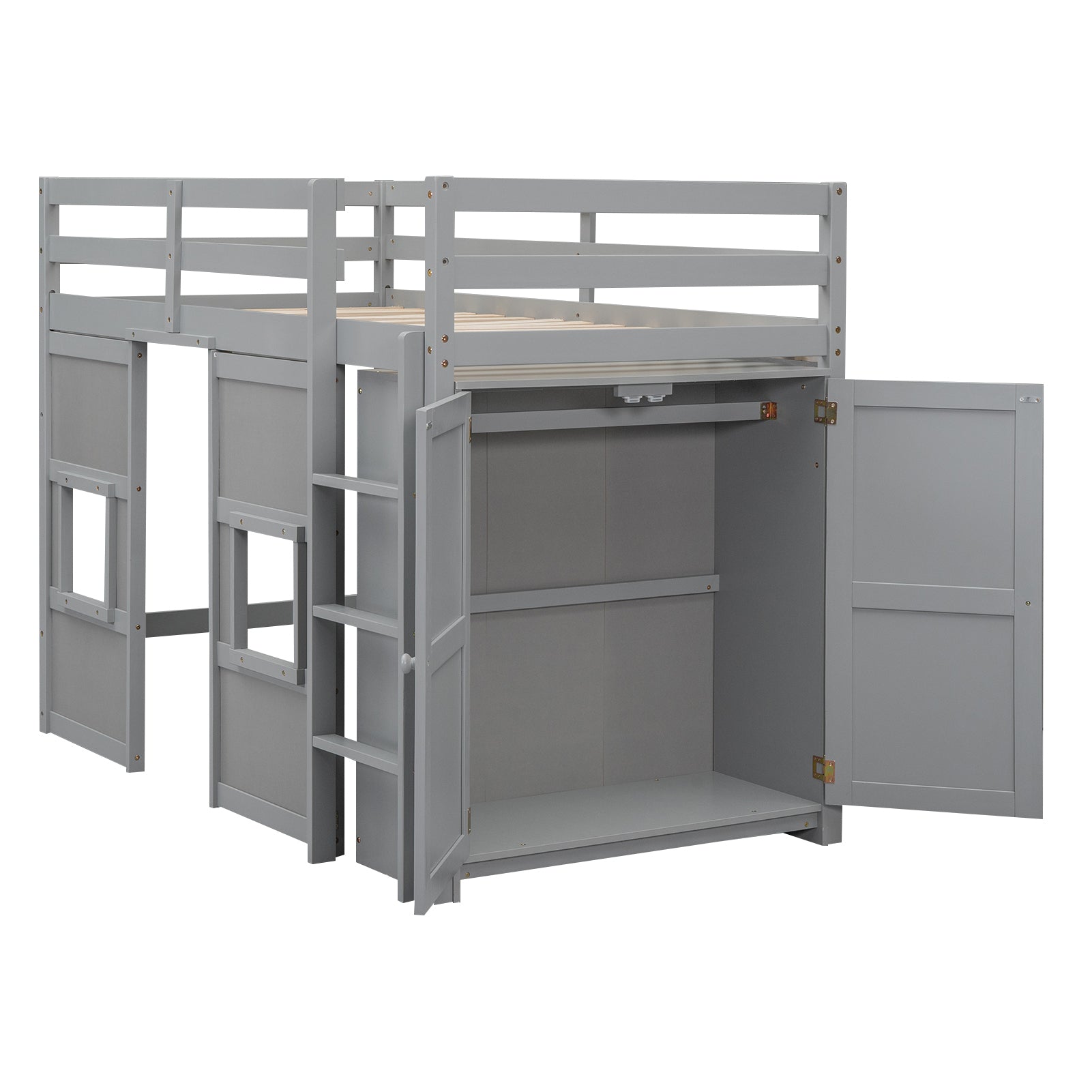 Wood Twin Size Loft Bed With Built In Storage Wardrobe And 2 Windows, Gray Box Spring Not Required Twin Gray Wood Bedroom Wood