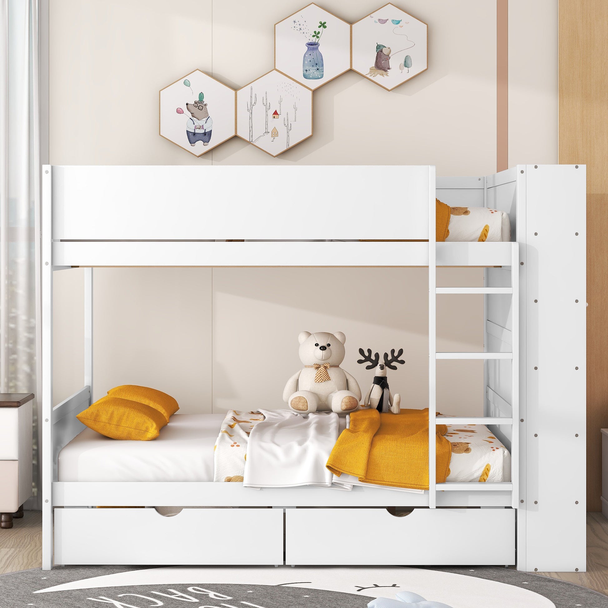 Full Over Full Bunk Bed With 2 Drawers And Multi Layer Cabinet, White White Solid Wood Mdf