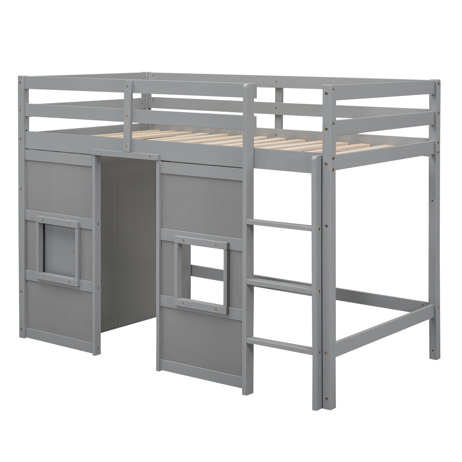 Wood Twin Size Loft Bed With Built In Storage Wardrobe And 2 Windows, Gray Box Spring Not Required Twin Gray Wood Bedroom Wood