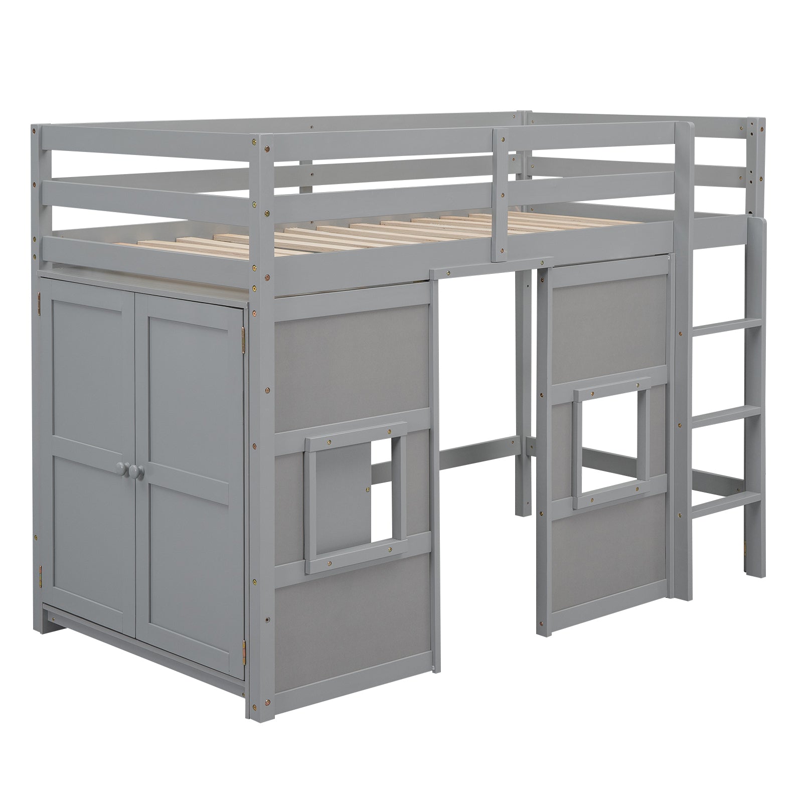 Wood Twin Size Loft Bed With Built In Storage Wardrobe And 2 Windows, Gray Box Spring Not Required Twin Gray Wood Bedroom Wood