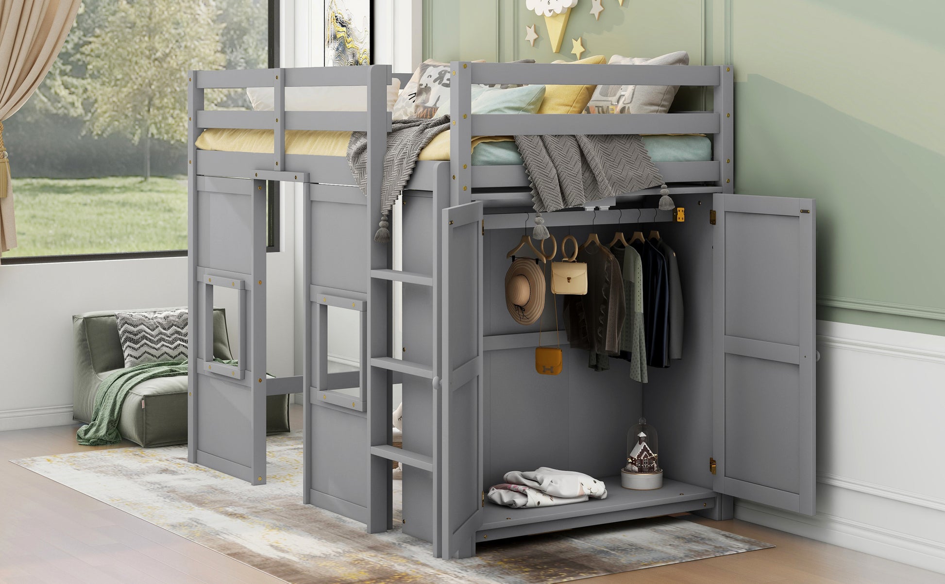 Wood Twin Size Loft Bed With Built In Storage Wardrobe And 2 Windows, Gray Box Spring Not Required Twin Gray Wood Bedroom Wood