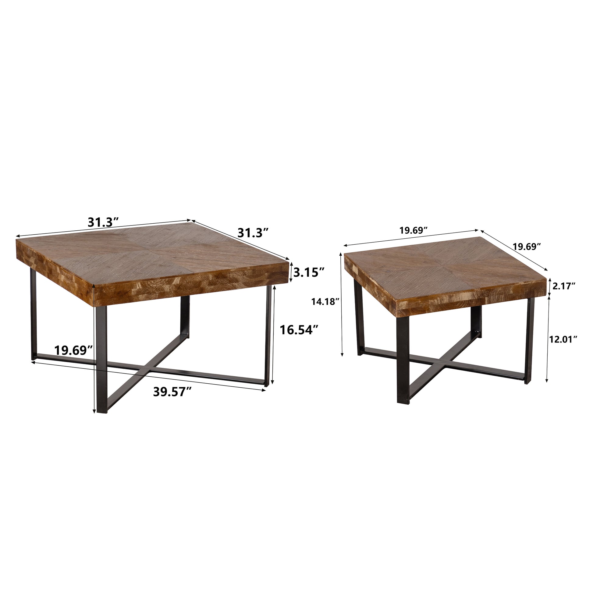 31.3"Modern Retro Splicing Square Coffee Tablefir Wood Table Top With Cross Legs Metal Base Set Of 2 Pcs Natural Mdf Steel