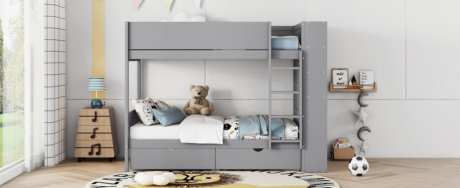 Twin Over Twin Bunk Bed With 2 Drawers And Multi Layer Cabinet, Gray Gray Solid Wood Mdf