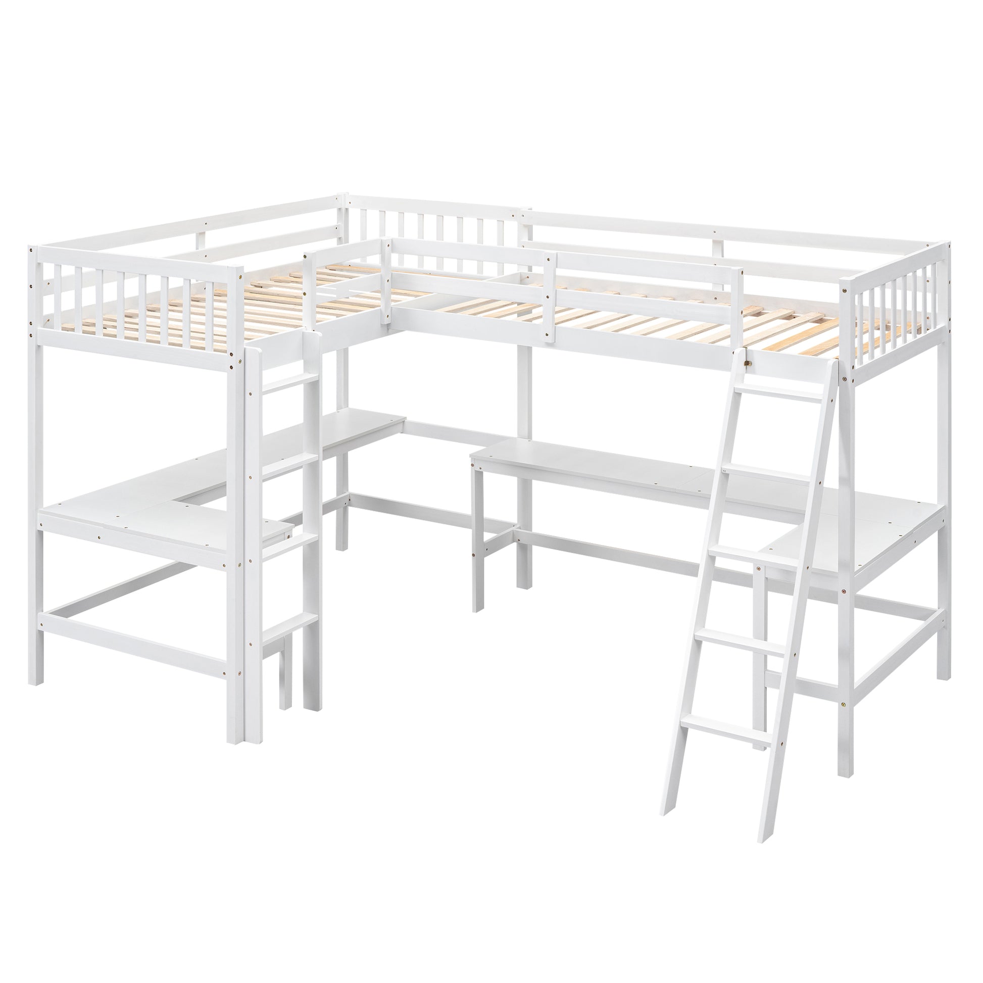 Wood Twin Size L Shaped Loft Bed With Ladder And 2 Built In L Shaped Desks, White Box Spring Not Required Twin White Wood Bedroom Solid Wood Mdf