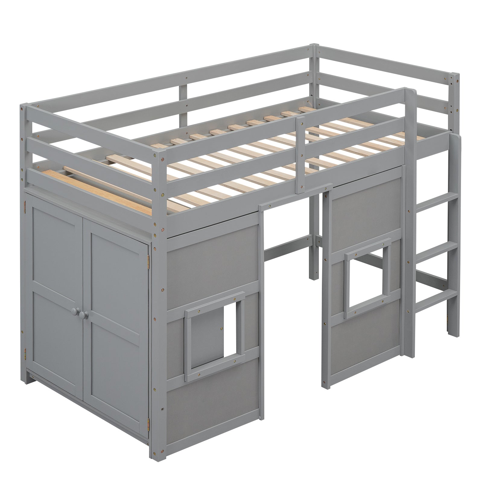 Wood Twin Size Loft Bed With Built In Storage Wardrobe And 2 Windows, Gray Box Spring Not Required Twin Gray Wood Bedroom Wood