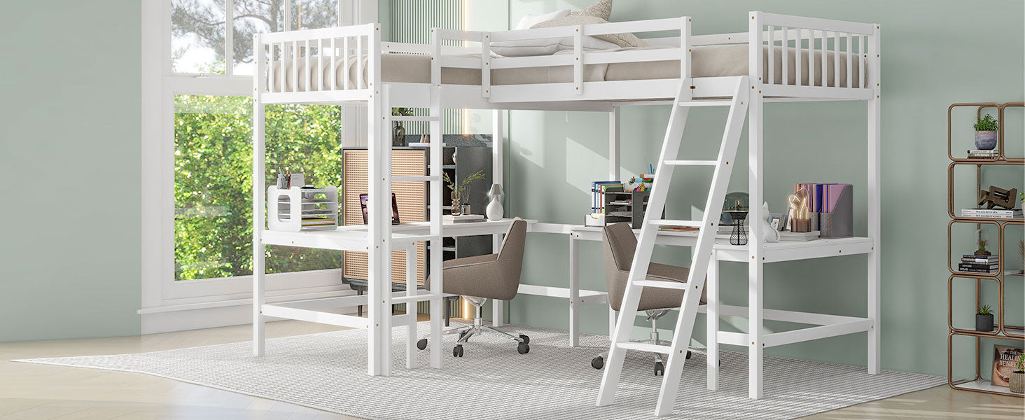 Wood Twin Size L Shaped Loft Bed With Ladder And 2 Built In L Shaped Desks, White Box Spring Not Required Twin White Wood Bedroom Solid Wood Mdf