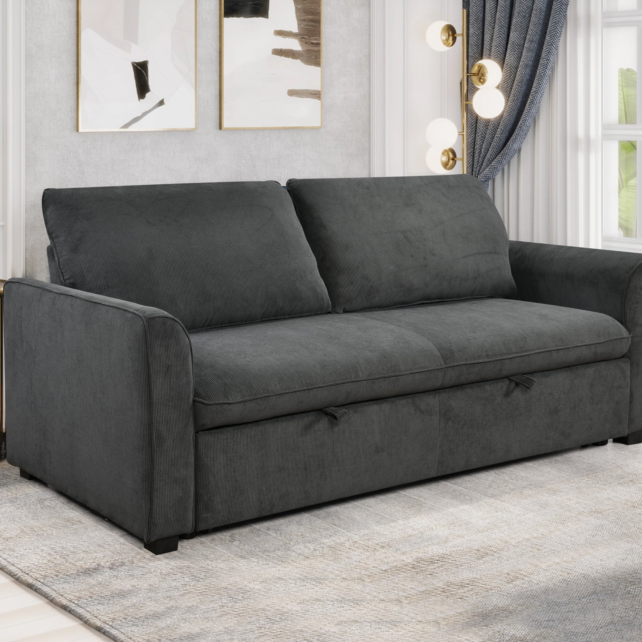 78 Inch 3 In 1 Convertible Sleeper Sofa Bed, Modern Fabric Loveseat Futon Sofa Couch W Pullout Bed, Small Beautiful Seat Lounge Sofa W Reclining Backrest, Furniture For Living Room, Dark Gray Light Brown Wood Primary Living Space Heavy Duty Eucalyptus 3