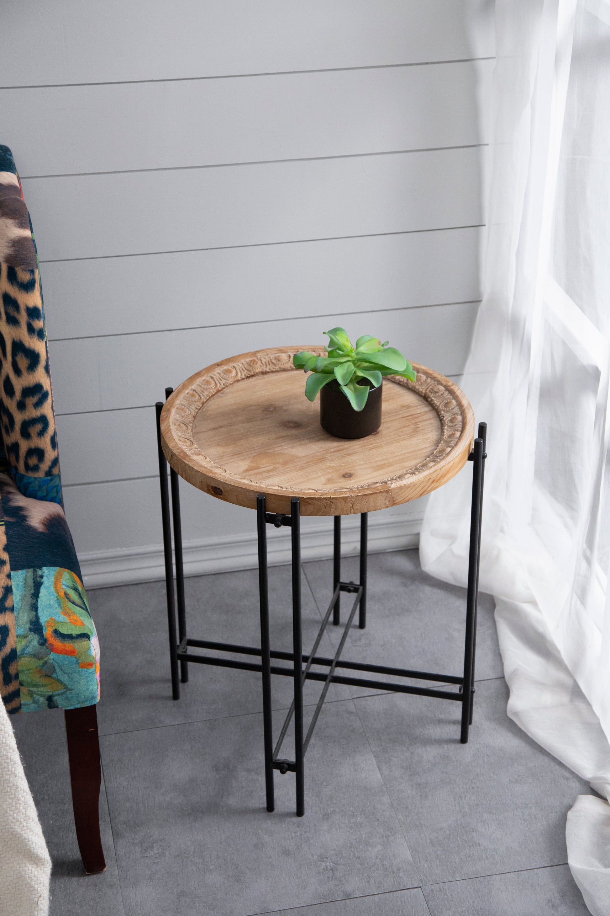 21.5" X 24" Round Side Table With Wood Top, End Table For Living Room Bedroom Black Brown Wood