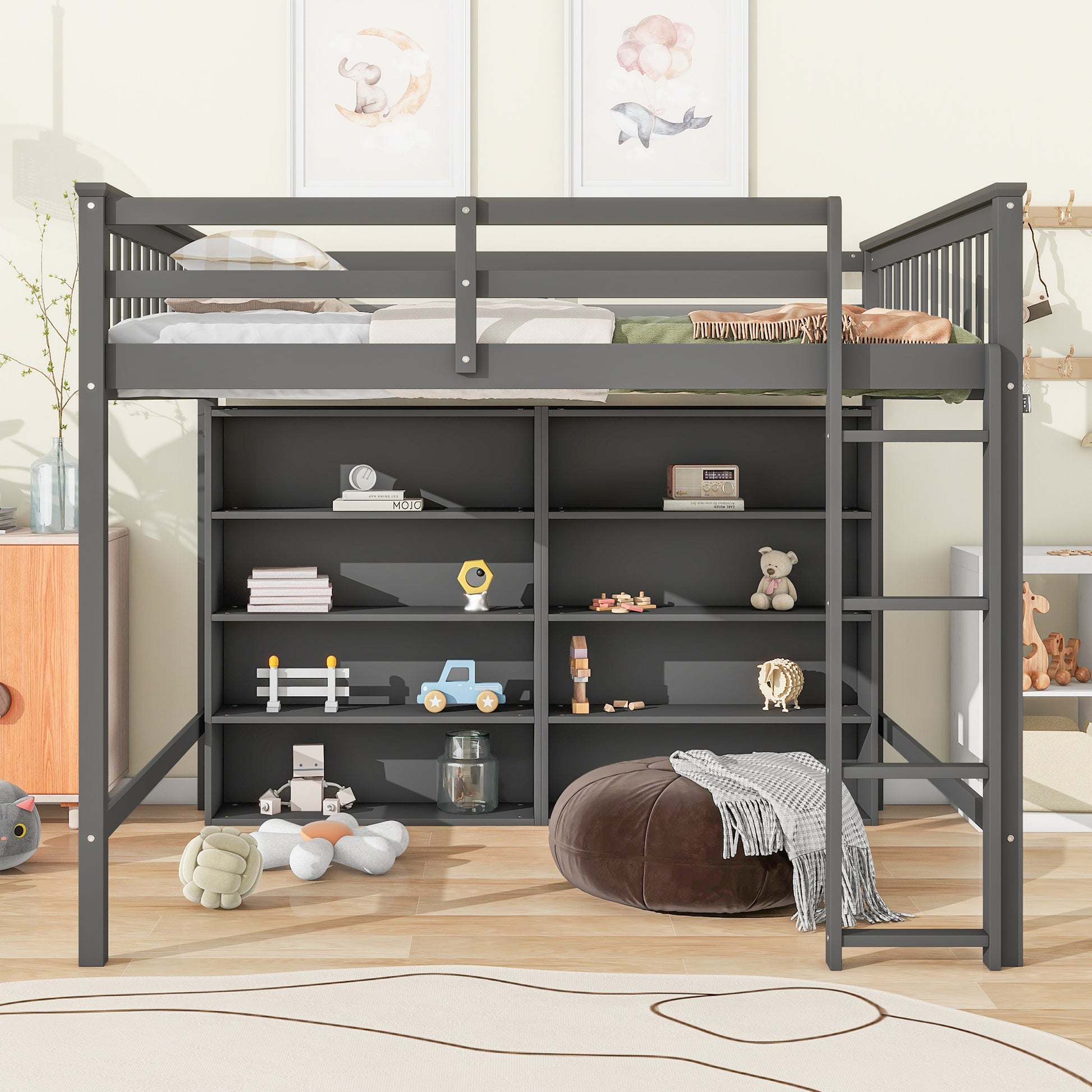 Full Size Loft Bed With 8 Open Storage Shelves And Built In Ladder, Gray Gray Solid Wood Mdf