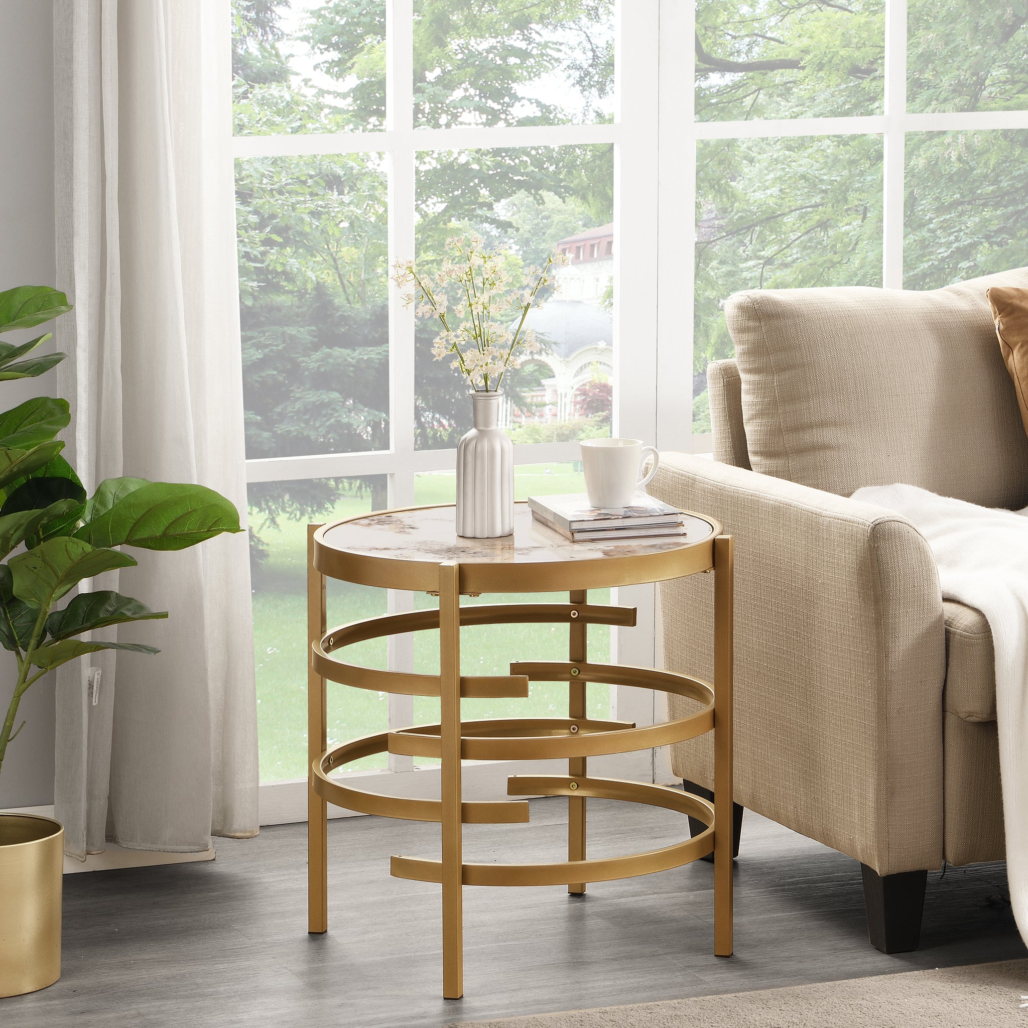 Modern Side Table, Pandora Sintered Stone End Table, Golden Small Coffee Table, 20.67''W X 20.67''D X 21.65'H Golden Iron