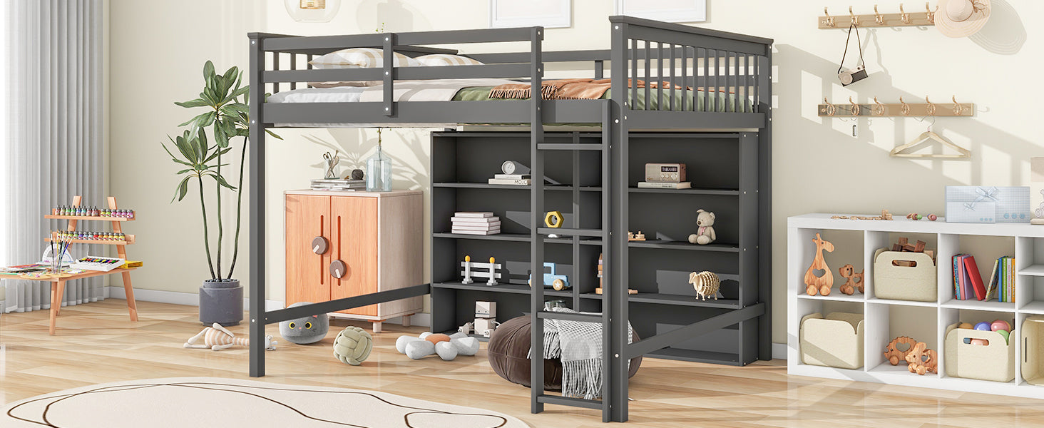 Full Size Loft Bed With 8 Open Storage Shelves And Built In Ladder, Gray Gray Solid Wood Mdf