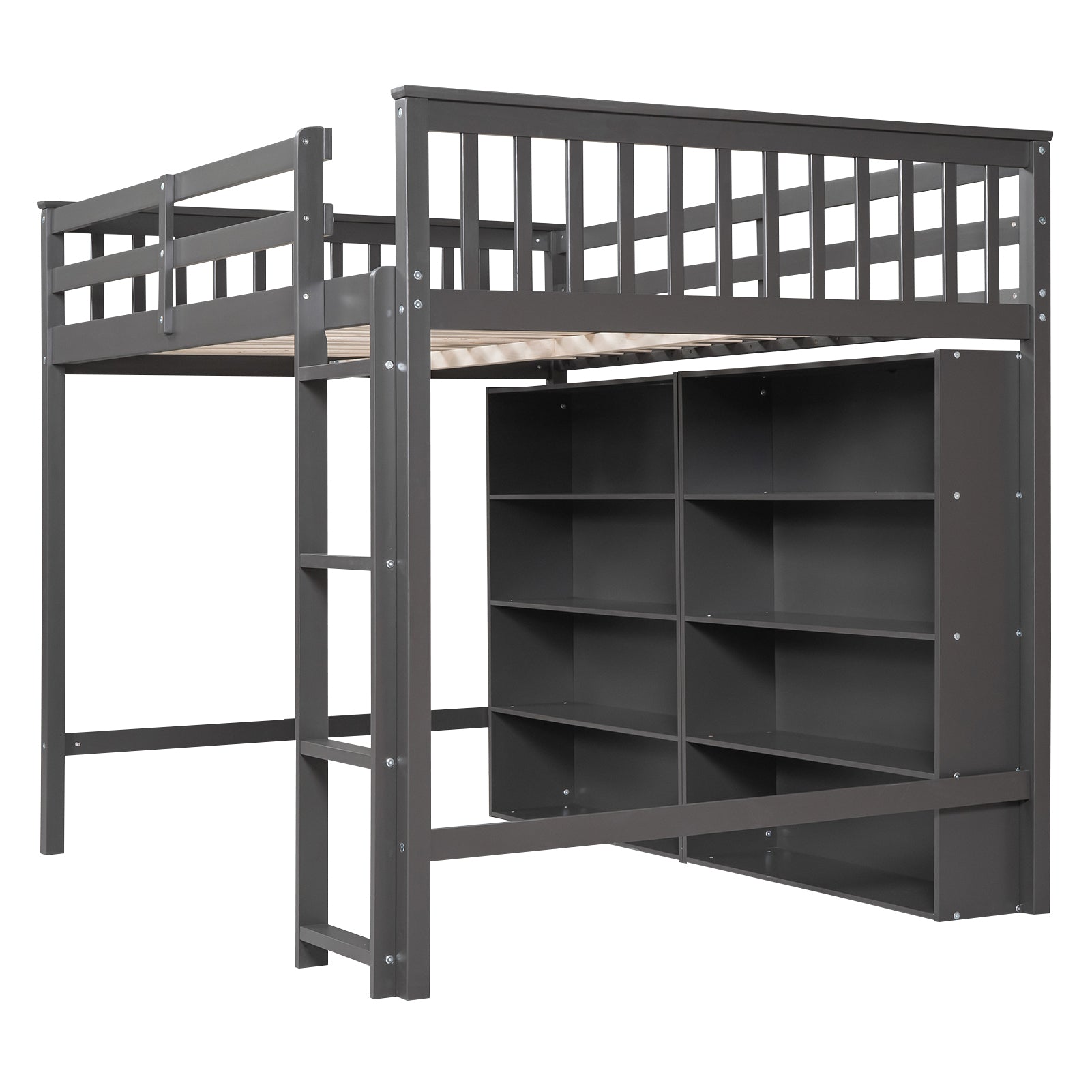 Full Size Loft Bed With 8 Open Storage Shelves And Built In Ladder, Gray Gray Solid Wood Mdf