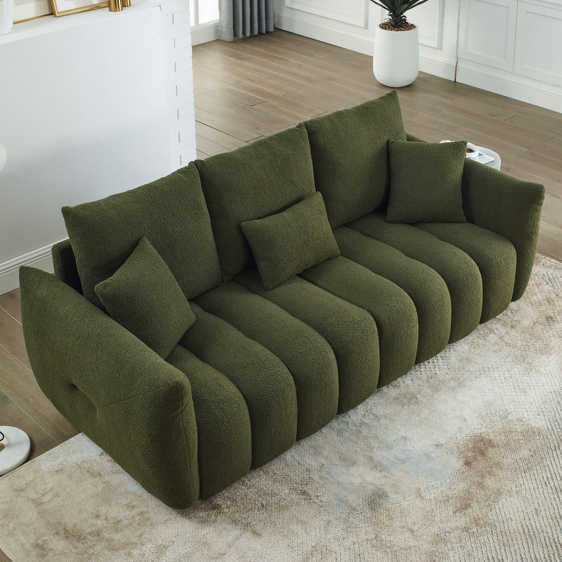 Video Mh 82" Premium Teddy Fabric Sofa With 3 Back Pillows And 3 Back Cushions Solid Wood Frame 3 Seater Sofa, Oversized Upholstered Chair For Living Room, Bedroom, Apartment And Office Green Wood