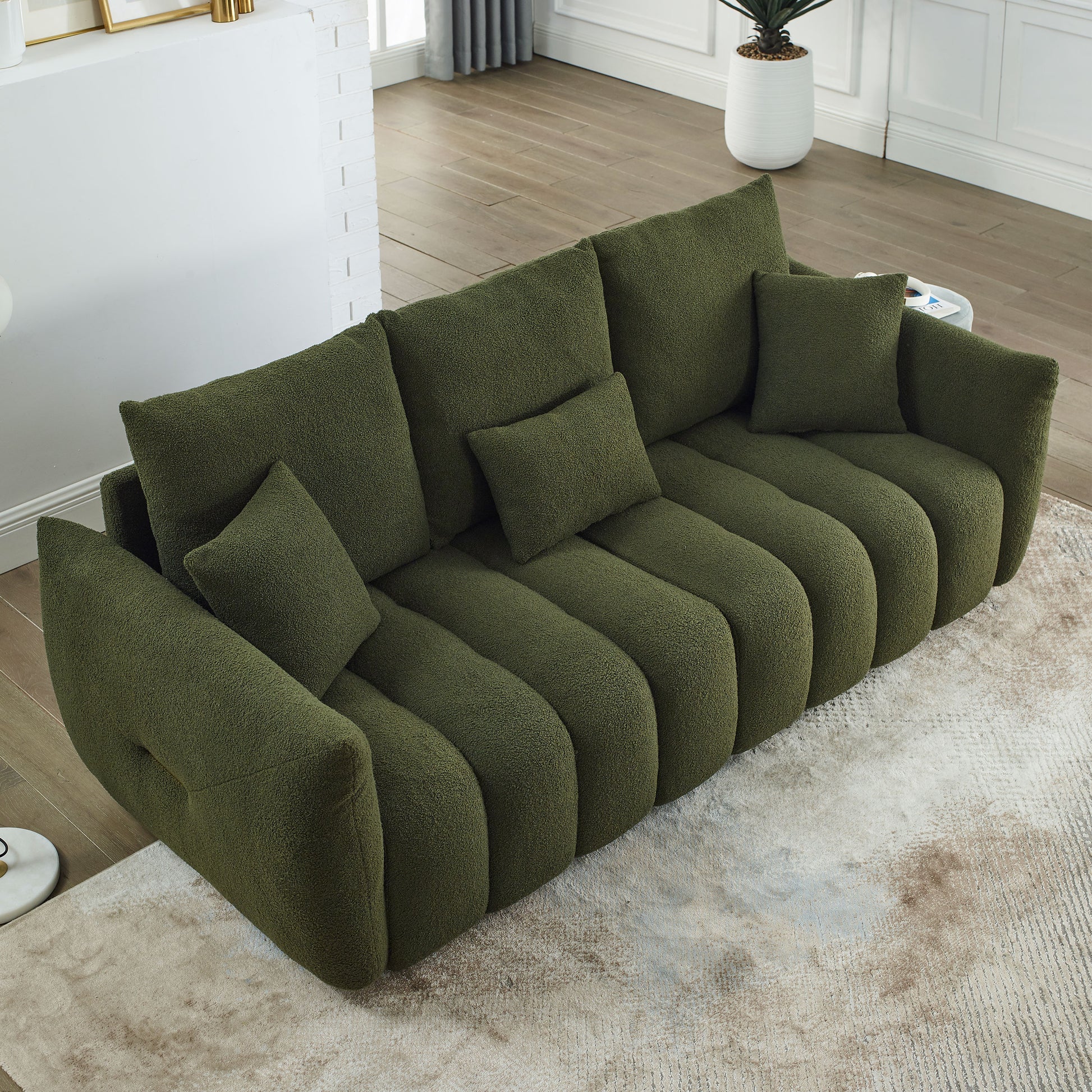 Video Mh 82" Premium Teddy Fabric Sofa With 3 Back Pillows And 3 Back Cushions Solid Wood Frame 3 Seater Sofa, Oversized Upholstered Chair For Living Room, Bedroom, Apartment And Office Green Wood