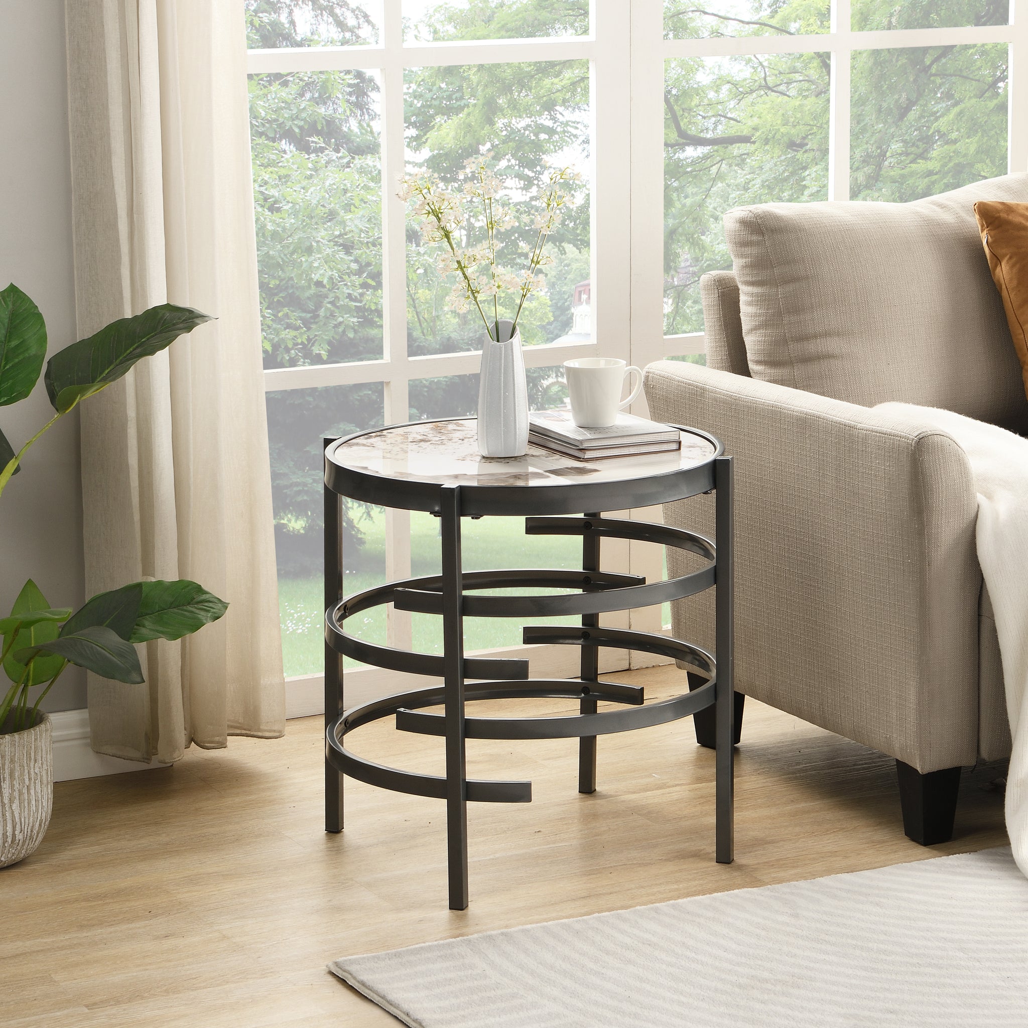 Elegant Pandora Sintered Stone End Table, Darker Gray Small Coffee Table For Living Room 20.67''W X 20.67''D X 21.65''H Gray Iron