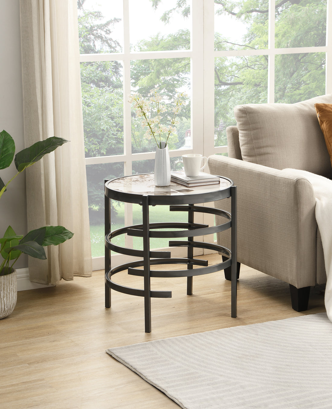 Elegant Pandora Sintered Stone End Table, Darker Gray Small Coffee Table For Living Room 20.67''W X 20.67''D X 21.65''H Gray Iron