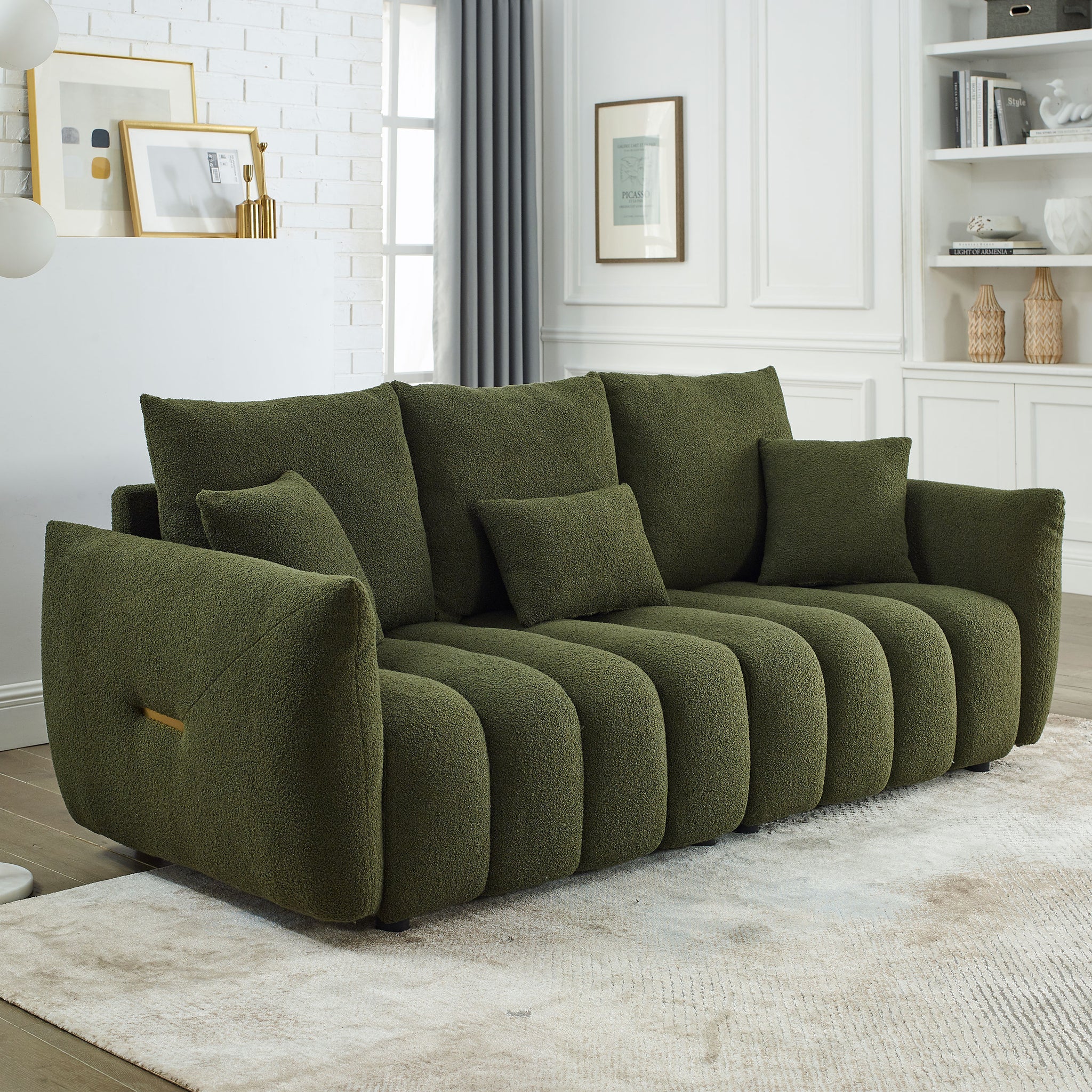 Video Mh 82" Premium Teddy Fabric Sofa With 3 Back Pillows And 3 Back Cushions Solid Wood Frame 3 Seater Sofa, Oversized Upholstered Chair For Living Room, Bedroom, Apartment And Office Green Wood