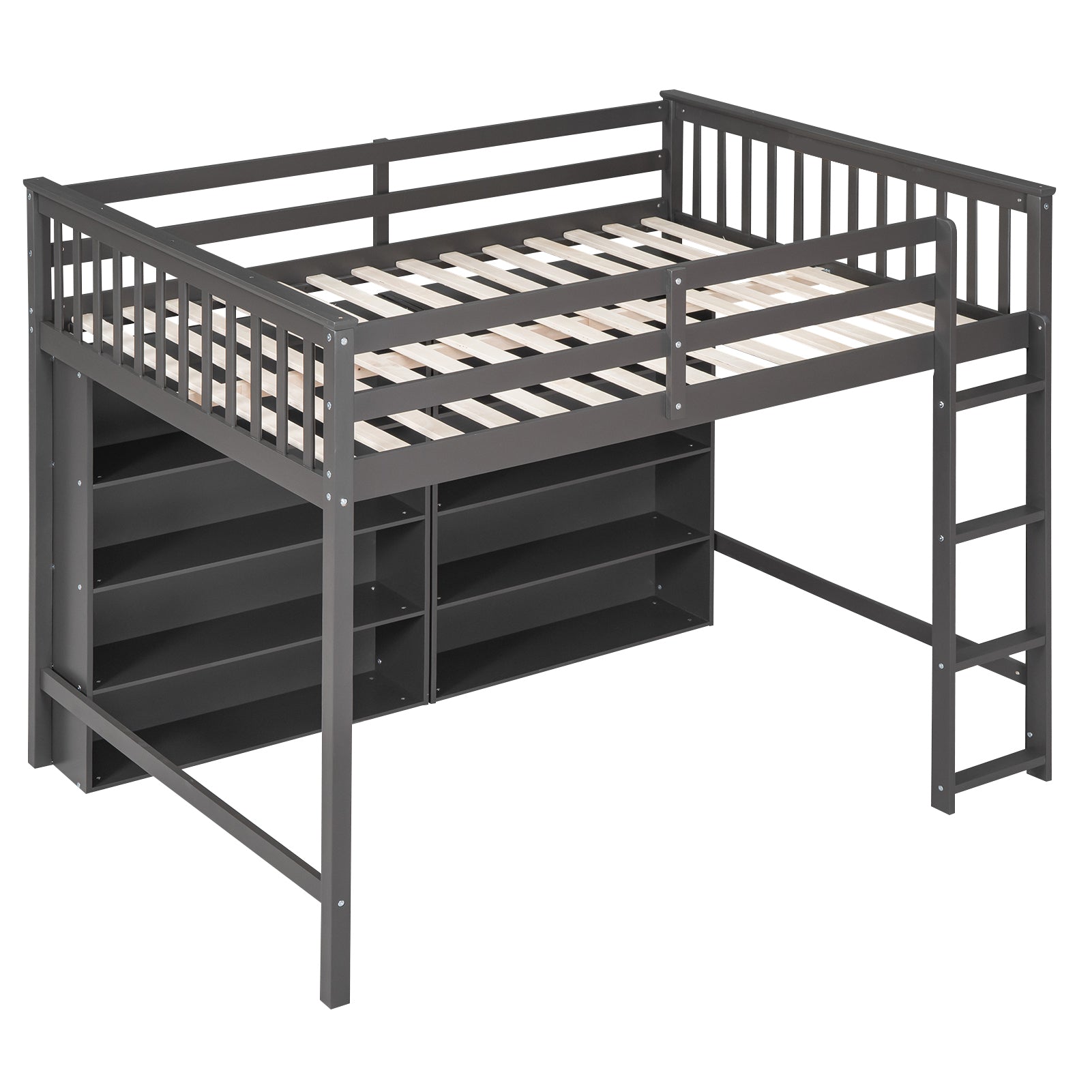 Full Size Loft Bed With 8 Open Storage Shelves And Built In Ladder, Gray Gray Solid Wood Mdf